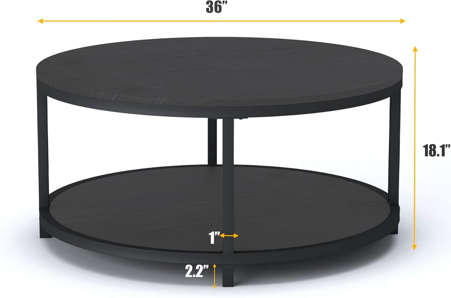 round Coffee Table, 36" Rustic Wooden Surface Top & Sturdy Metal Legs Industrial Sofa Table for Living Room Modern Design Home Furniture with Storage Open Shelf (Black Oak)